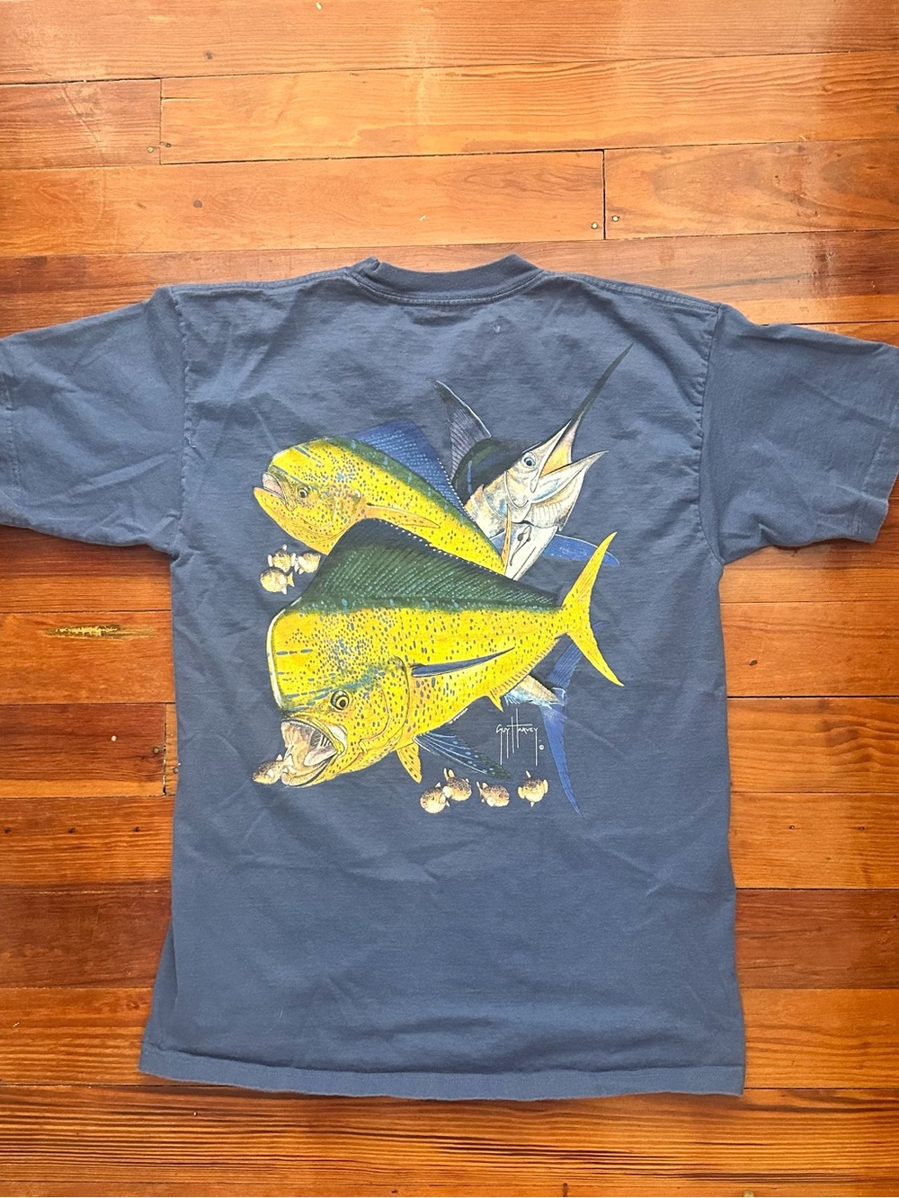 Guy Harvey Navy Blue Tee with Yellow & Green Mahi Mahi and Sailfish Graphic